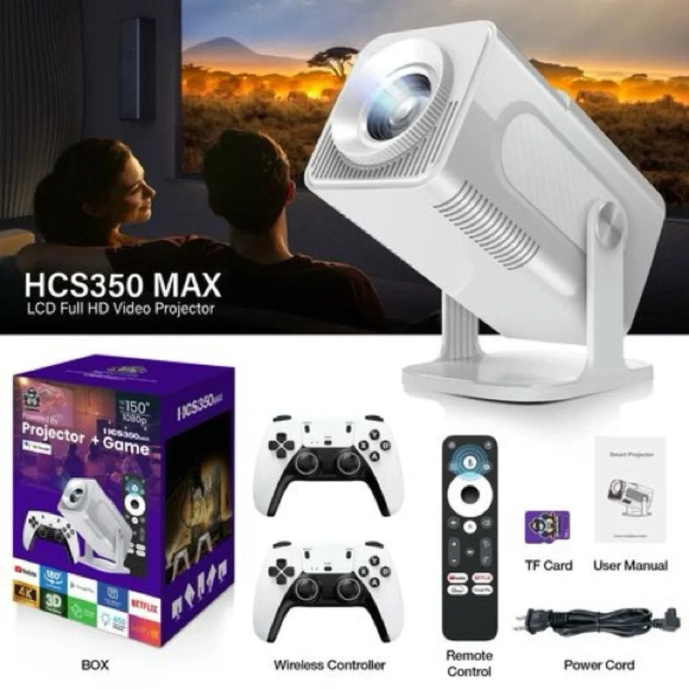 White Projector with Remote and Controllers